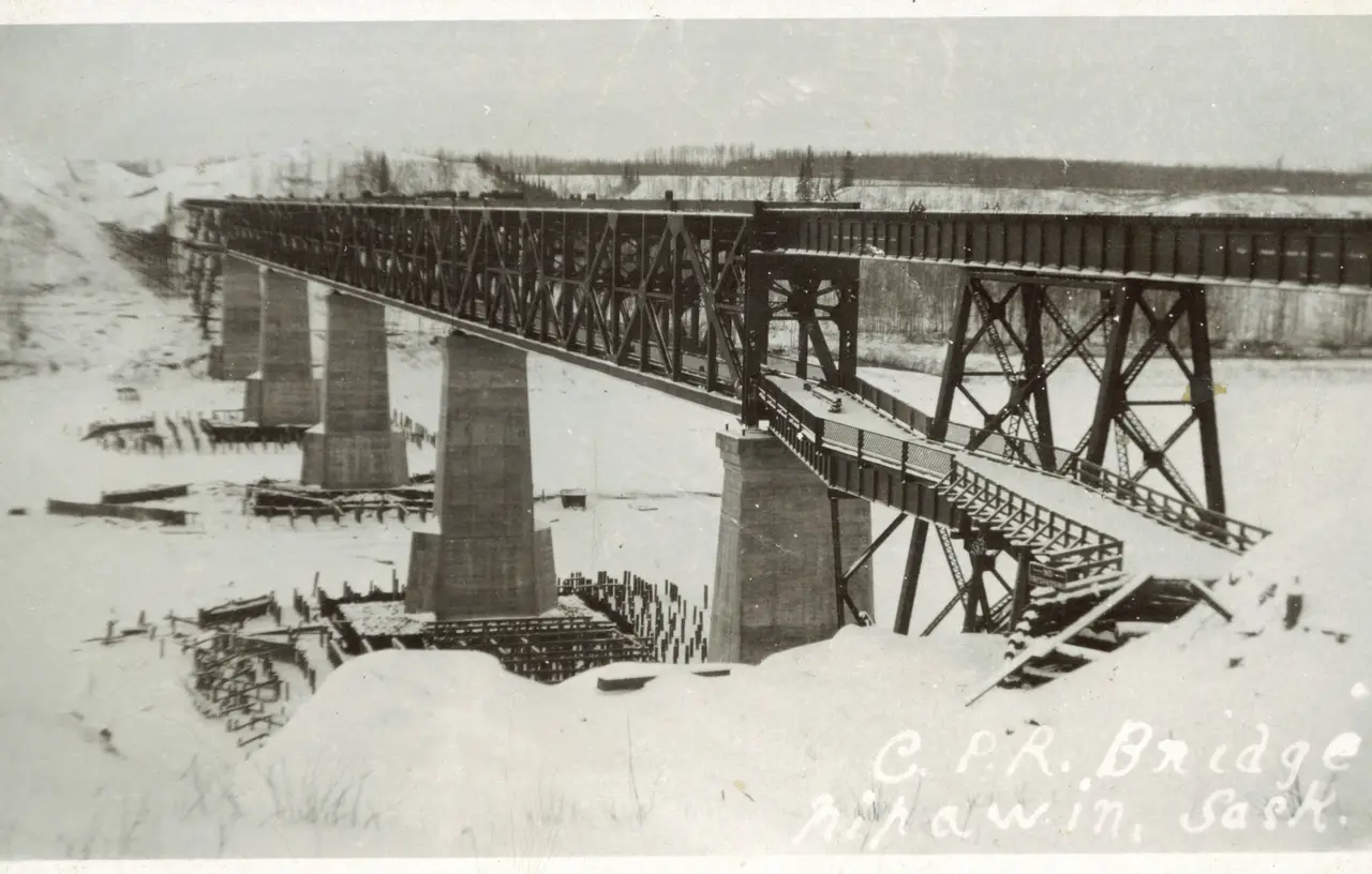 C.P.R. Bridge at Nipawin in winter, about 1928